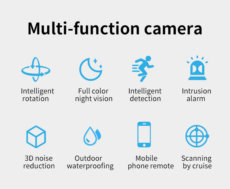 Multi-function solar wireless camera with full color night vision, intrusion alerts, mobile control, and outdoor waterproofing