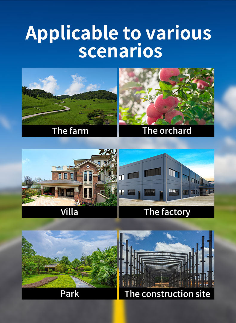 Use cases of 4G Wireless Security Camera shown across multiple scenarios including farm, orchard, villa, factory, park, and construction site for versatile outdoor surveillance.