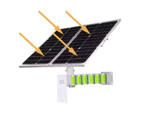 Dual-panel solar power system with battery bank, designed to support solar security cameras and solar powered surveillance cameras
