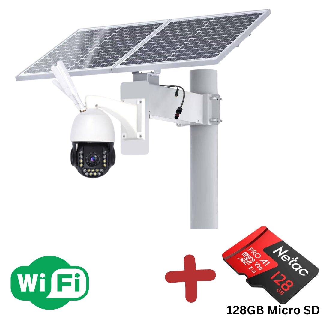 Solar powered wireless security camera with solar panels and WiFi