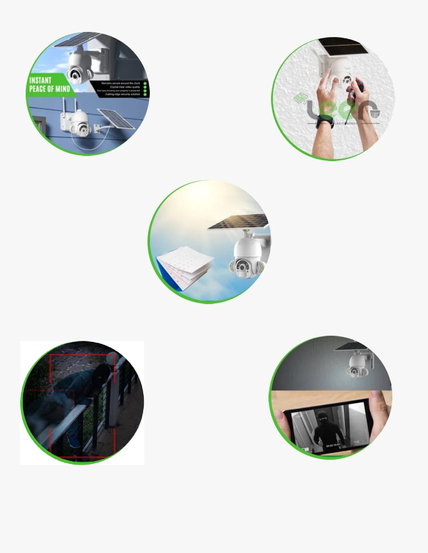 Features of solar powered wireless security camera including motion detection, solar panel charging, installation, and live surveillance monitoring