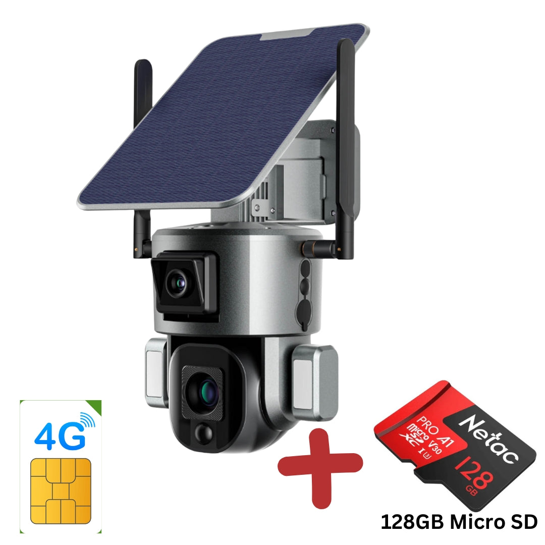 4G solar powered wireless security camera with solar panel and 128GB micro SD.