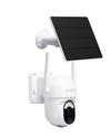 Solar powered wireless security camera with solar panel for outdoor video surveillance.

