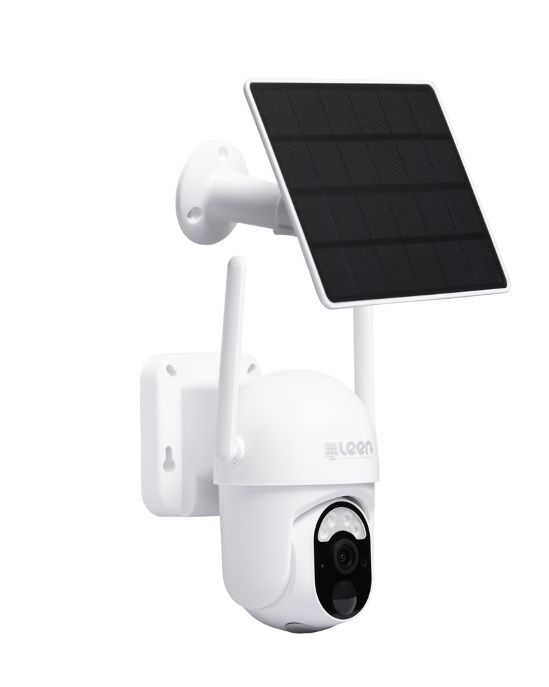 Solar powered wireless security camera with solar panel for outdoor video surveillance.


