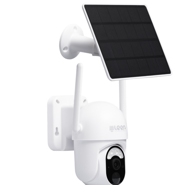 Solar powered wireless security camera with solar panel for outdoor video surveillance.

