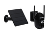 Black solar powered wireless security camera with solar panel for outdoor surveillance.