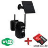 Black solar powered wireless security camera with WiFi and 128GB Micro SD for outdoor solar video surveillance.